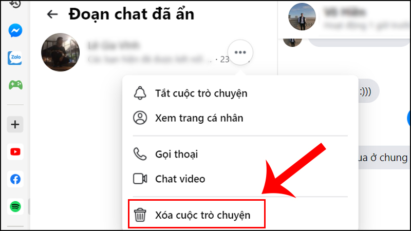 Để xóa tin nhắn từ mục này cũng nhấn vào biểu tượng 3 dấu chấm > Chọn Xóa là được