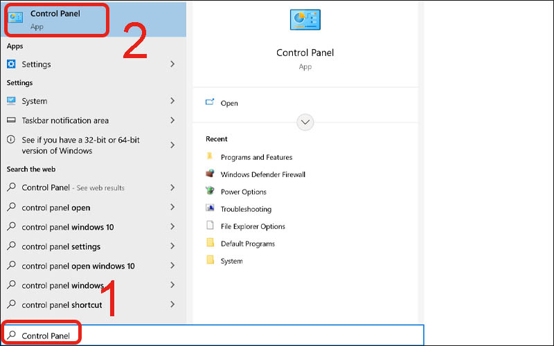 Nhập Control Panel trong thanh tìm kiếm 