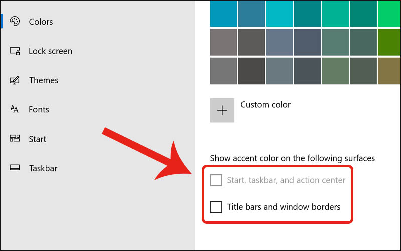  Bỏ tíck 2 ô Start, taskbar, and action center và Title bars