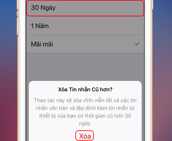 Bước 3: Tiếp theo bạn chọn lưu trong 30 ngày > Xóa để xóa những tin nhắn cũ hơn 30 ngày.