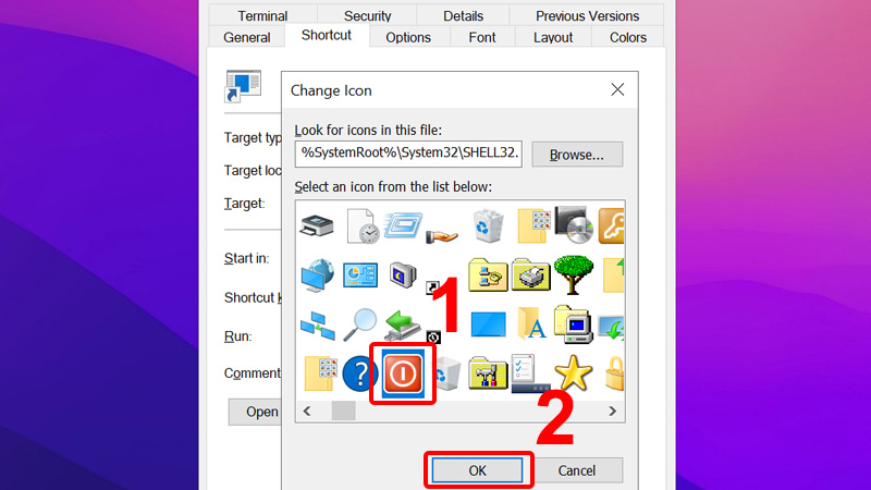 Chọn icon bạn muốn và nhấn OK