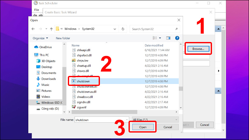 Chọn Browse và truy cập file shutdown