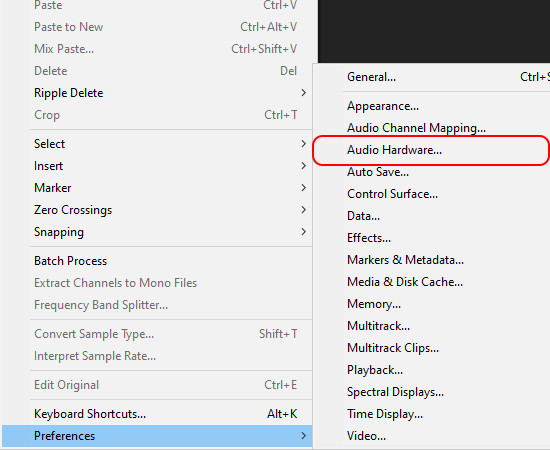 Bước 2: Bạn vào mục Edit chọn Preferences và chọn Audio Hardware... như hình dưới.