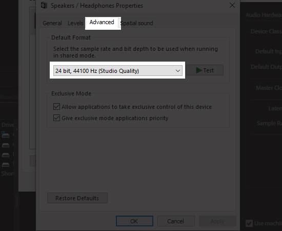 Bước 5: Trong tab Advanced bạn lựa chọn 24 bit, 44100 Hz(Studio Quality) sau đó Ok.