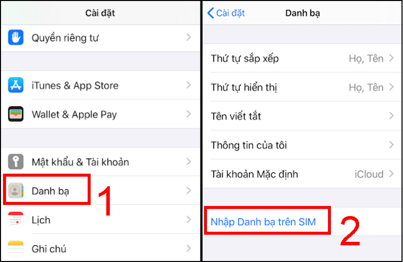 Vào Danh bạ trong phần Cài đặt để di chuyển liên lạc sang iPhone