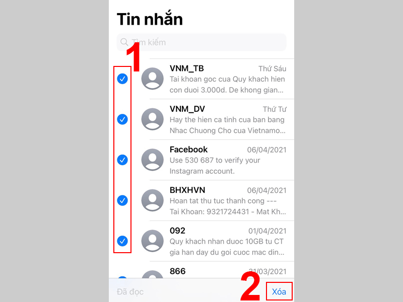 Chọn tất cả các tin nhắn muốn xóa và nhấn Xóa