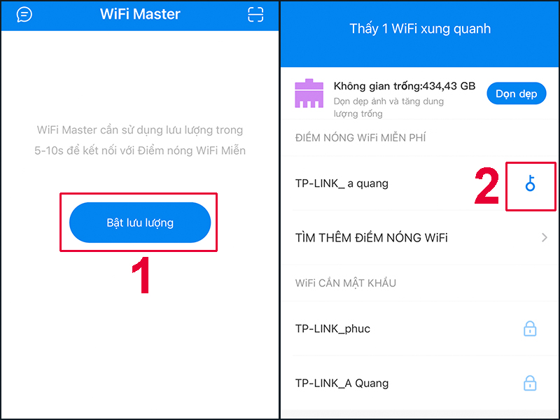 Chọn biểu tượng chìa khóa để kết nối WiFi