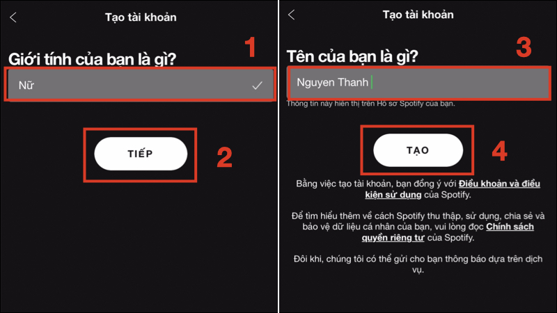 Điền Giới tính và Tên của bạn