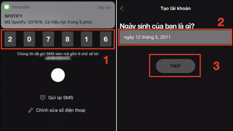 Nhập mã OTP và Ngày sinh