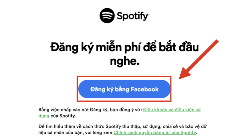 Nút Đăng ký bằng Facebook trên Website của Spotify