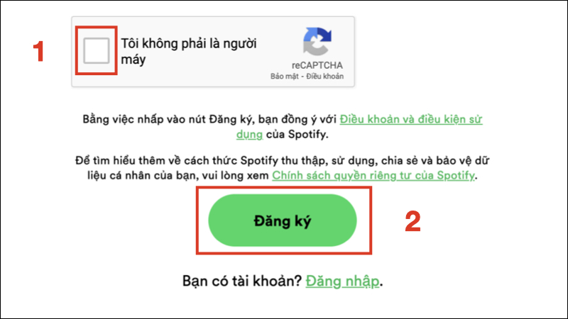 Nhấn xác nhận Tôi không phải là người máy và Đăng ký