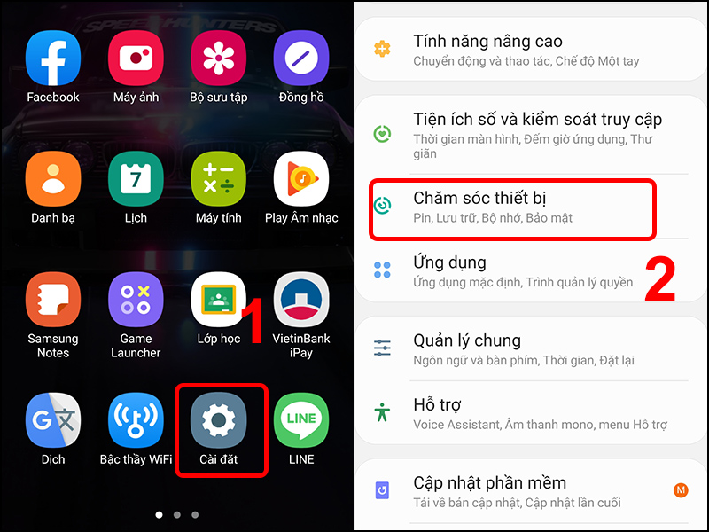 Vào Cài đặt và chọn Chăm sóc thiết bị