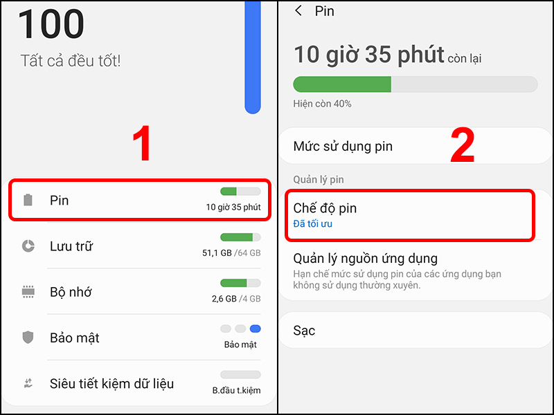 Nhấn vào Pin và chọn Chế độ Pin