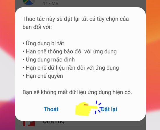 Bước 4: Cuối cùng bạn hãy chọn Đặt lại để hoàn tất quá trình thiết lập.