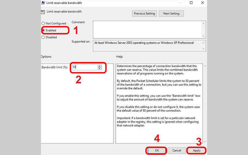 Kích hoạt Limit Reservable Bandwidth