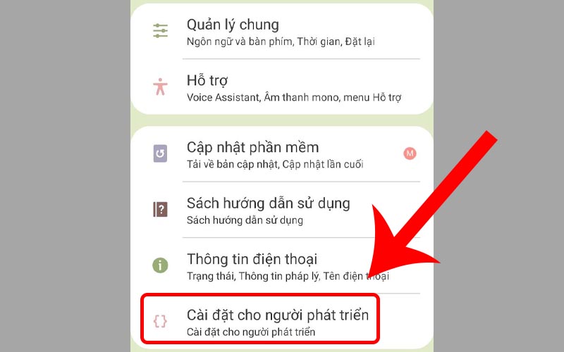 Chọn mục Cài đặt cho người phát triển