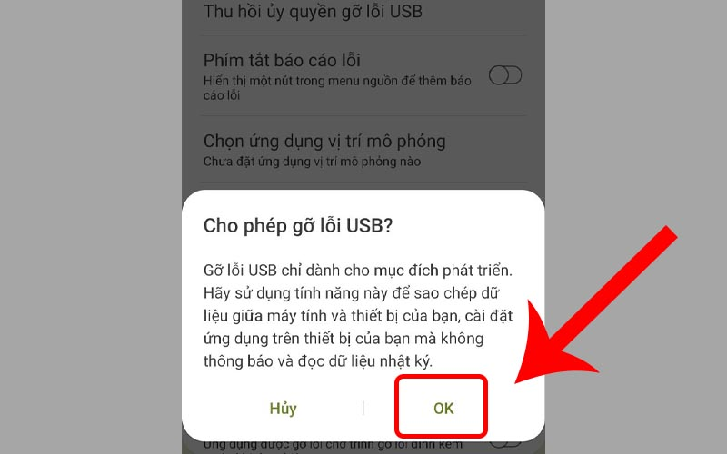  Chọn OK để cho phép bật USB Debugging