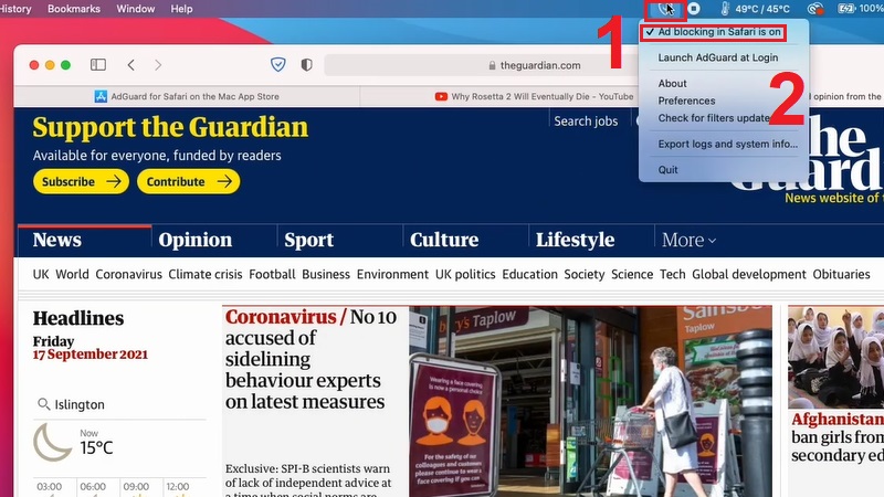 Tùy chỉnh tại biểu tượng hình khiên phía trên màn hình và chọn Ad blocking in Safari is on