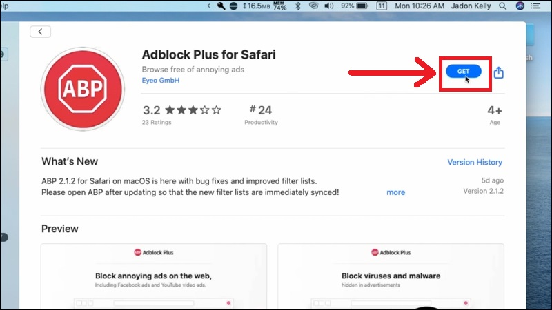 Tìm tên ứng dụng Adblock Plus for Safari rồi nhấn Get