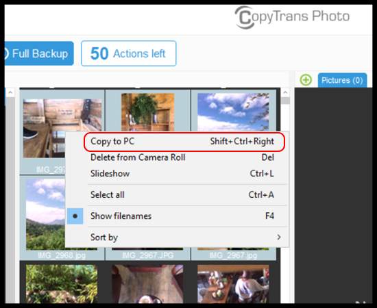 Bước 3: Chọn vào hình ảnh, video mà bạn muốn sao chép sang máy tính > Chuột phải > Copy to PC.