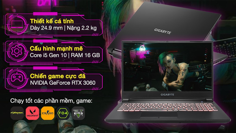 Laptop gaming Gigabyte Gaming G5 i5 10500H sở hữu kiểu dáng mạnh mẽ, độc đáo