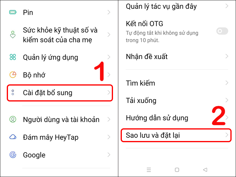 Chọn Sao lưu và đặt lại để khôi phục cài đặt gốc Realme 