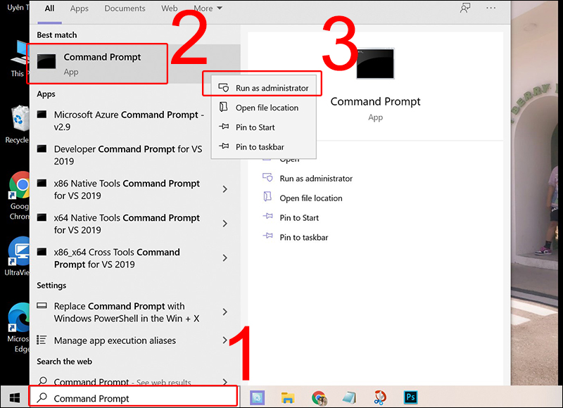 Mở Command Prompt bằng Run as administrator