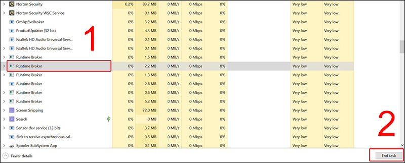 End task các Runtime Broker