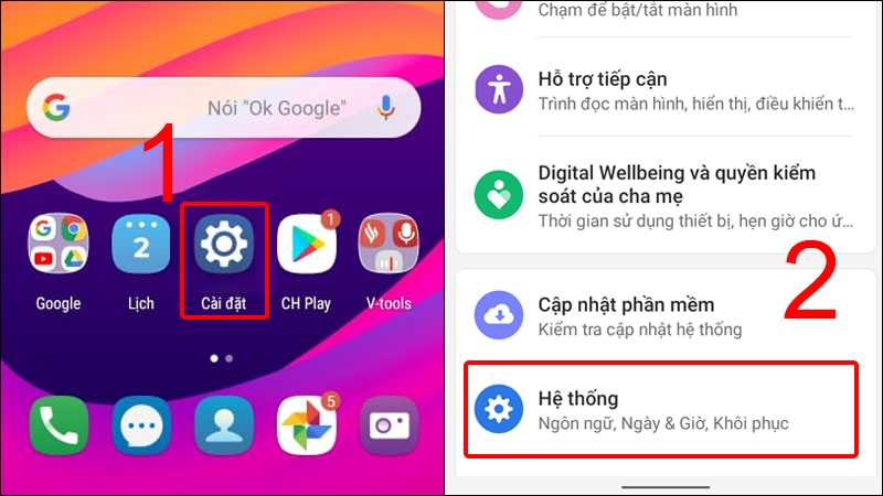 Mở hệ thống trong cài đặt