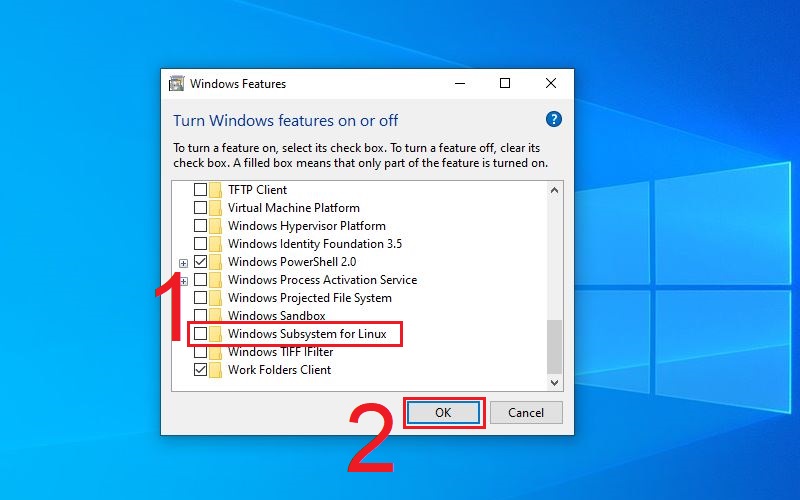 Bỏ chọn Windows Subsystem for Linux