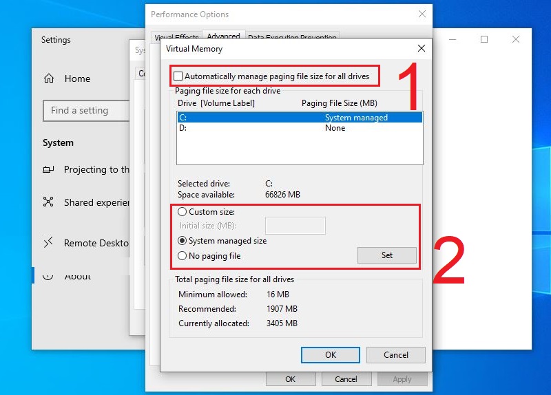 Bỏ chọn Automatically manage paging files size for all drives