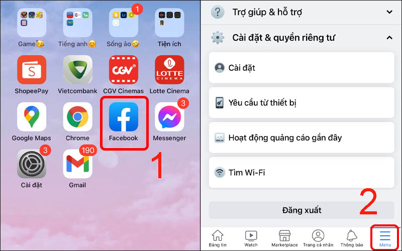 Mở ứng dụng Facebook rồi chọn dấu gạch cuối màn hình