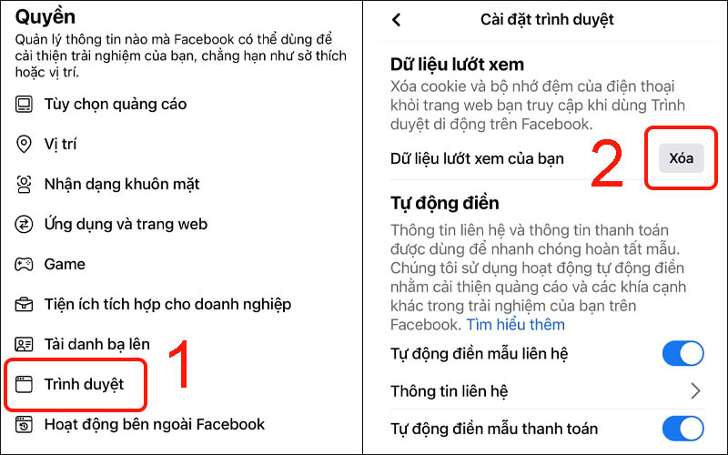 Chọn Trình duyệt trong mục Quyền rồi chọn Xóa tại Dữ liệu lướt xem của bạn