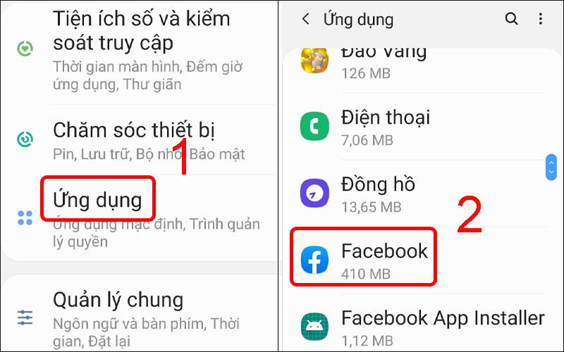 Chọn Facebook trong mục ứng dụng