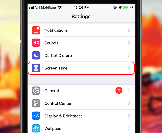 1. Settings (Cài đặt) > Screen Time