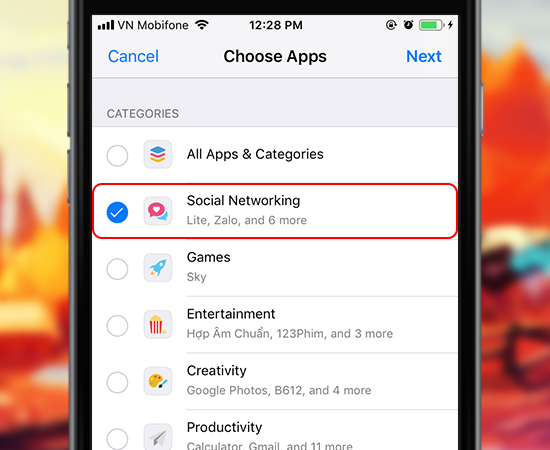 Ở mục Choose Apps này các bạn chọn ứng dụng muốn đặt giới hạn, sau đó chọn Next