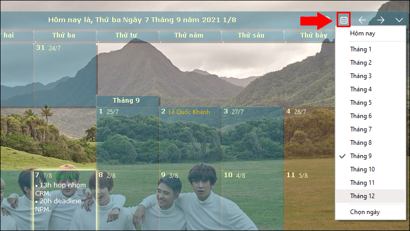 Cách xem danh sách tháng và chuyển tháng