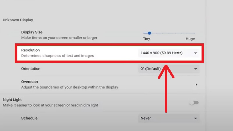 Độ phân giải màn hình Chromebook sẽ hiển thị trong khung Resolution