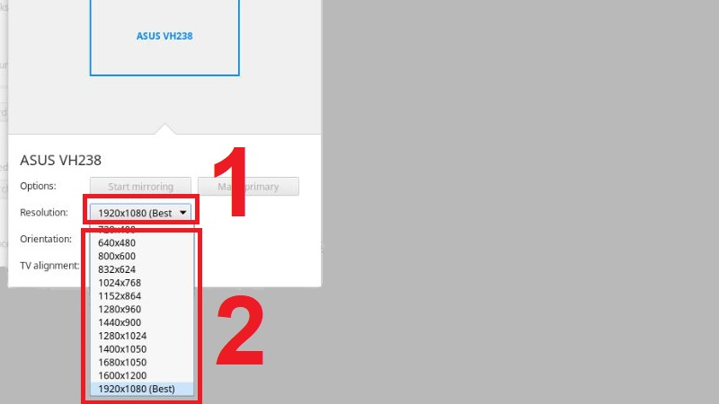 Chọn mũi tên trỏ xuống của Resolution rồi chọn độ phân giải màn hình bạn muốn