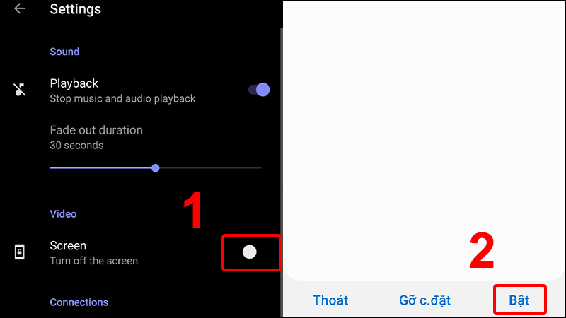 Kích hoạt mục Screen và chọn Bật để cho phép ứng dụng tắt màn hình