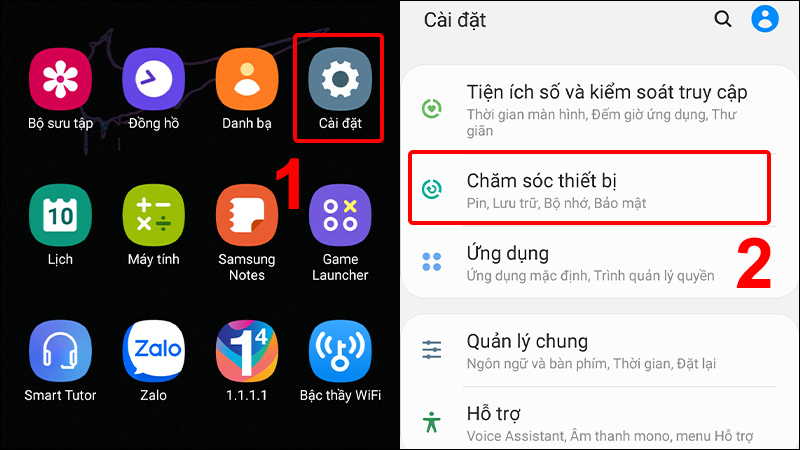 Vào Cài đặt và chọn Chăm sóc thiết bị