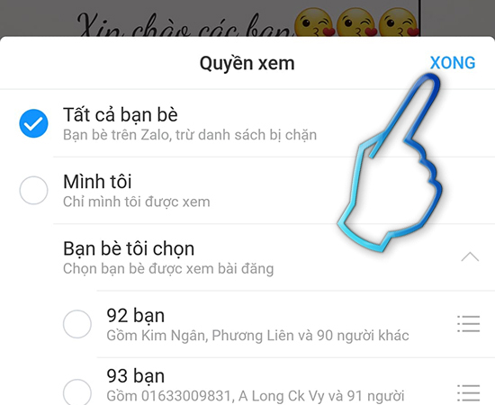 - Bước 8: Lựa chọn đối tượng bạn muốn bài viết hiển thị, bấm xong.