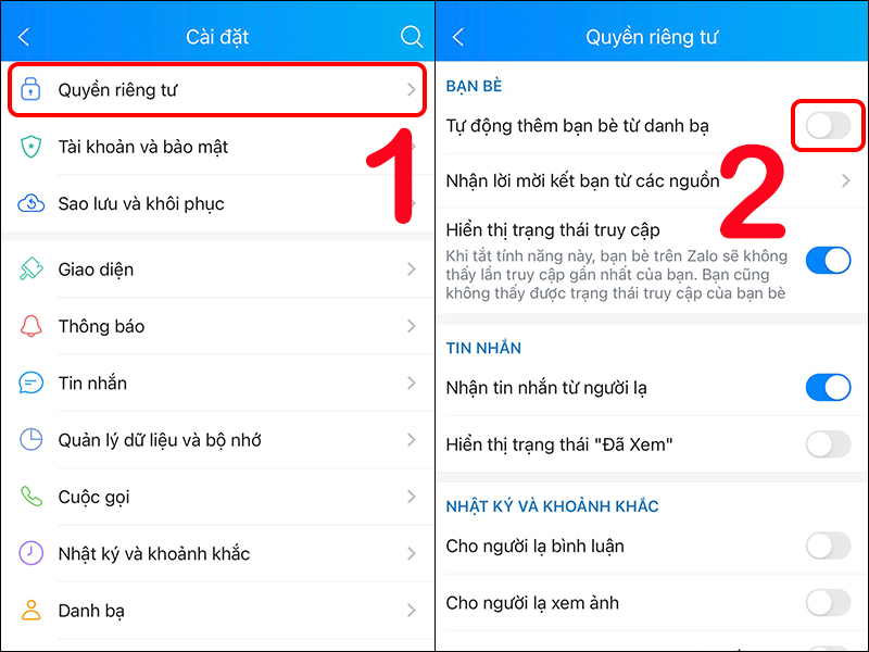Tắt mục Tự động thêm bạn bè từ danh bạ