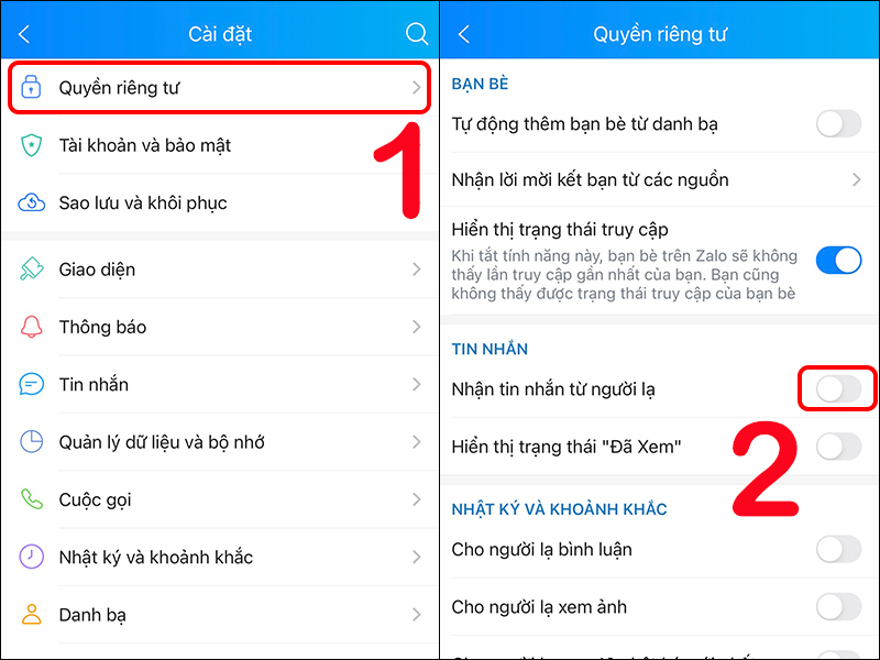 Tắt tính năng Nhận tin nhắn từ người lạ trong Zalo