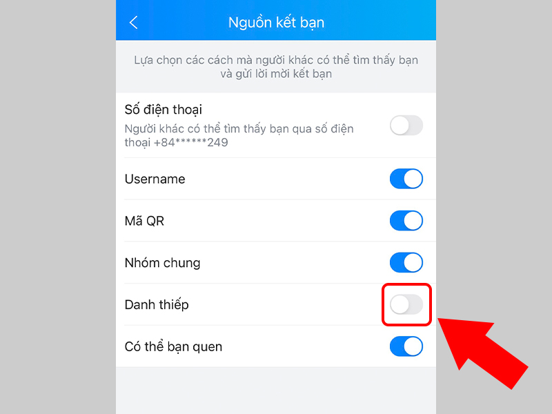 Tắt nhận lời mời kết bạn Zalo qua Danh thiếp