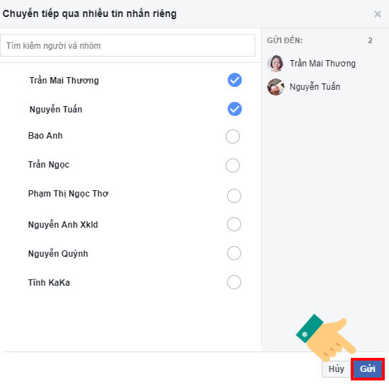 Hiển thị giao diện chuyển tiếp qua nhiều tin nhắn riêng, chọn tài khoản Facebook hoặc nhóm chat Facebook