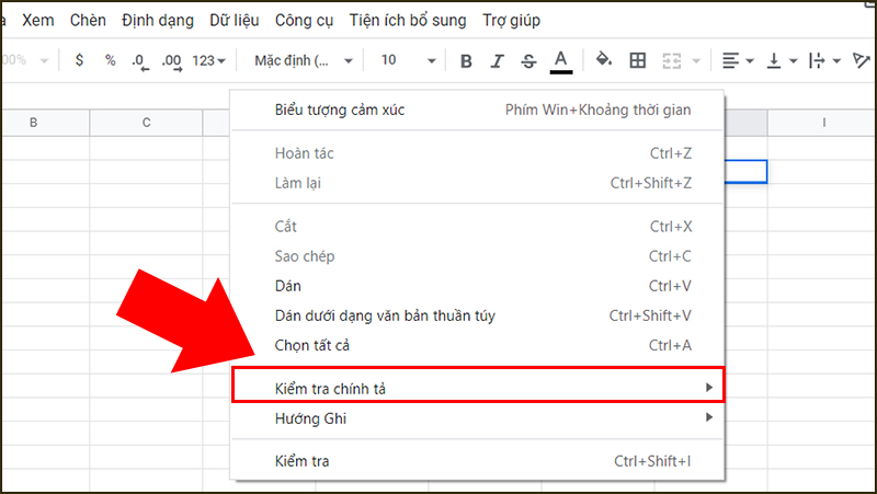 Click chuột phải vào vùng soạn thảo và chọn Kiểm tra chính tả