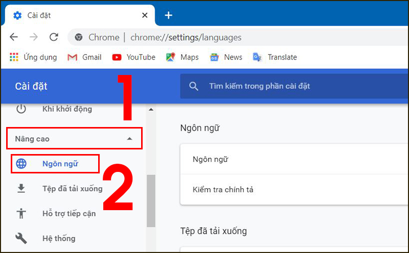 Click chọn mục Ngôn ngữ