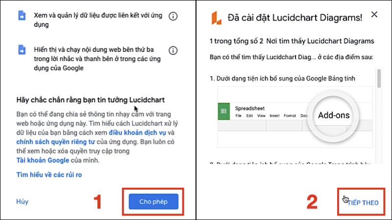 Thao tác cho phép cấp quyền sử dụng dữ liệu trên tài khoản Google của bạn