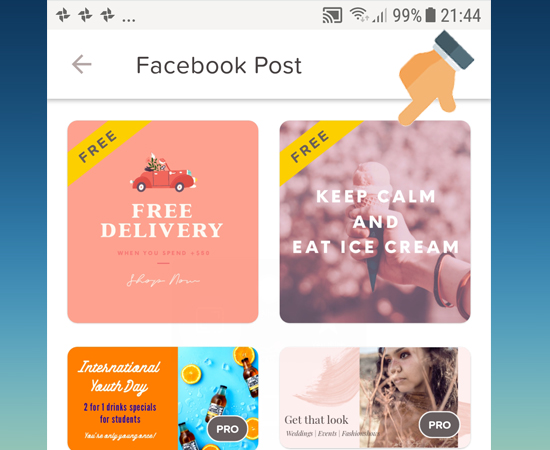 Ứng dụng cung cấp khá nhiều mẫu có sẵn và chia thành 15 chủ để bao gồm: Instagram Story, Facebook Post, Flyer/Poster, Promotion, Logo, Banner/Ad, Business Card, Facebook Cover, Announcement, Wallpaper, Profile Picture, Invitation, Quote và Birthday Card giúp bạn có nhiều sự lựa chọn. Sau đó các bạn có thể chọn mẫu các bạn thích để vào trình thiết kế và chỉnh sửa..